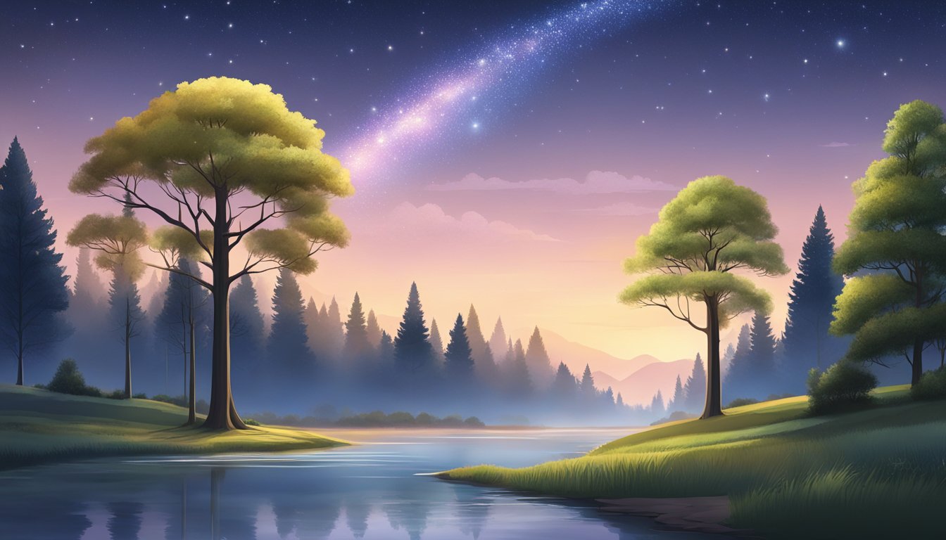 A serene landscape with three tall trees, a flowing river, and a clear sky with 456 stars shining brightly
