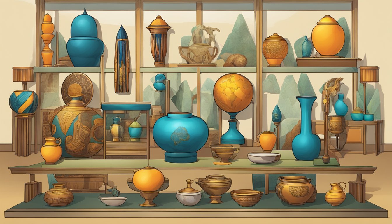 Vibrant traditional symbols and artifacts displayed in a museum setting
