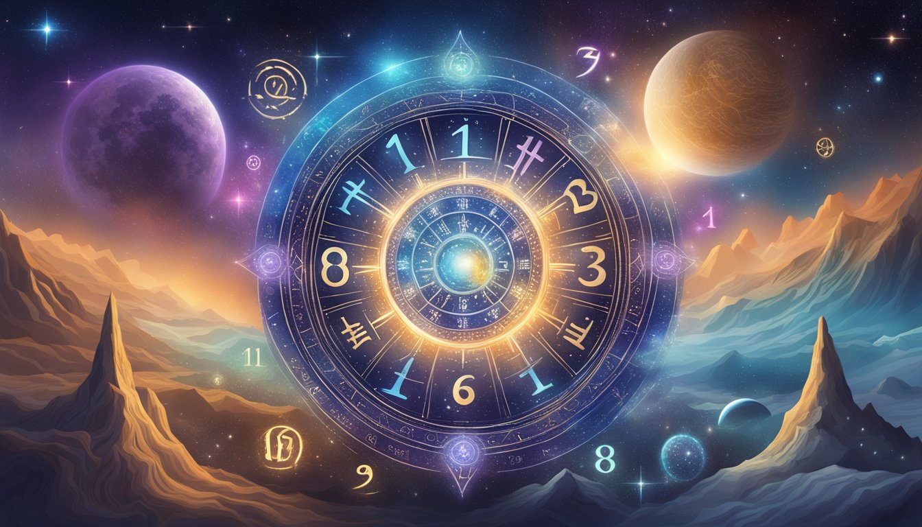 A mystical scene with repeating 11111 numbers, surrounded by cosmic symbols and energy, evoking the spiritual significance of numerology