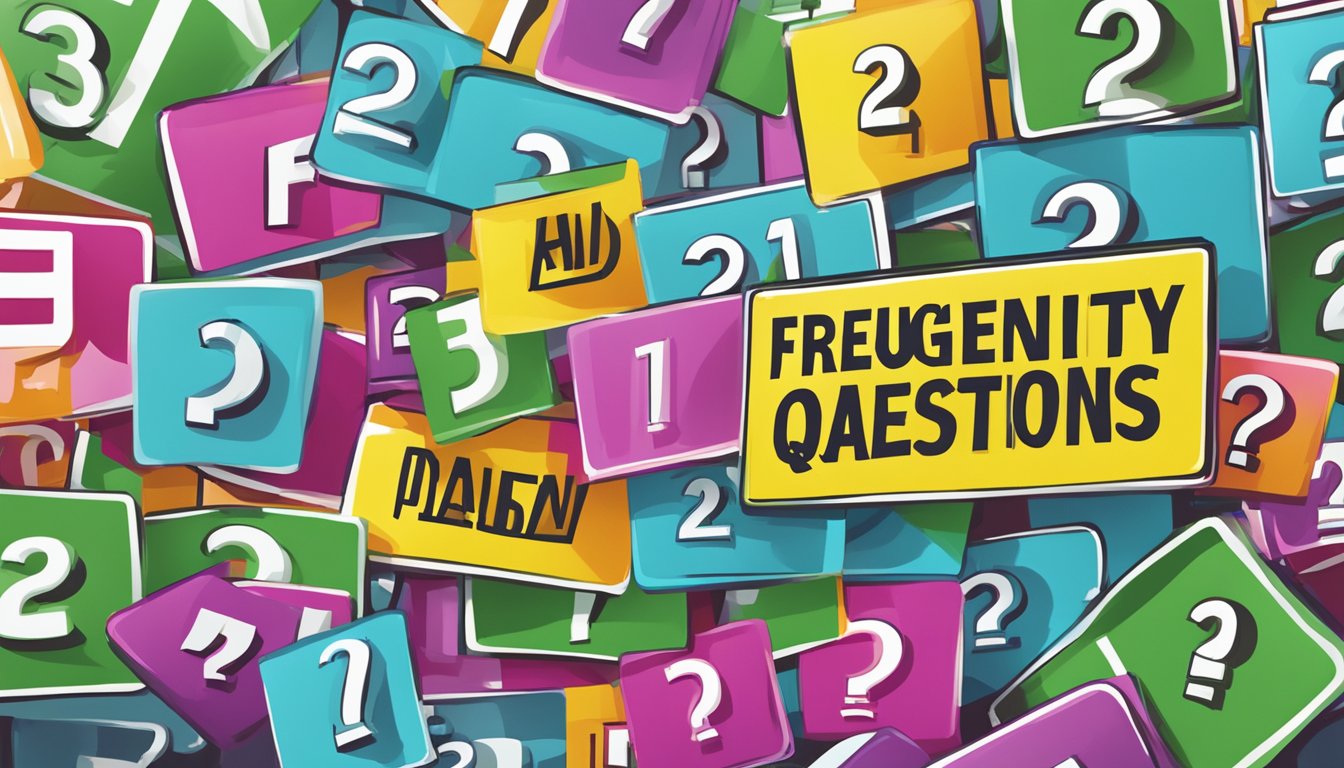 A large sign with "Frequently Asked Questions 3131 Significado" in bold letters, surrounded by question marks and exclamation points