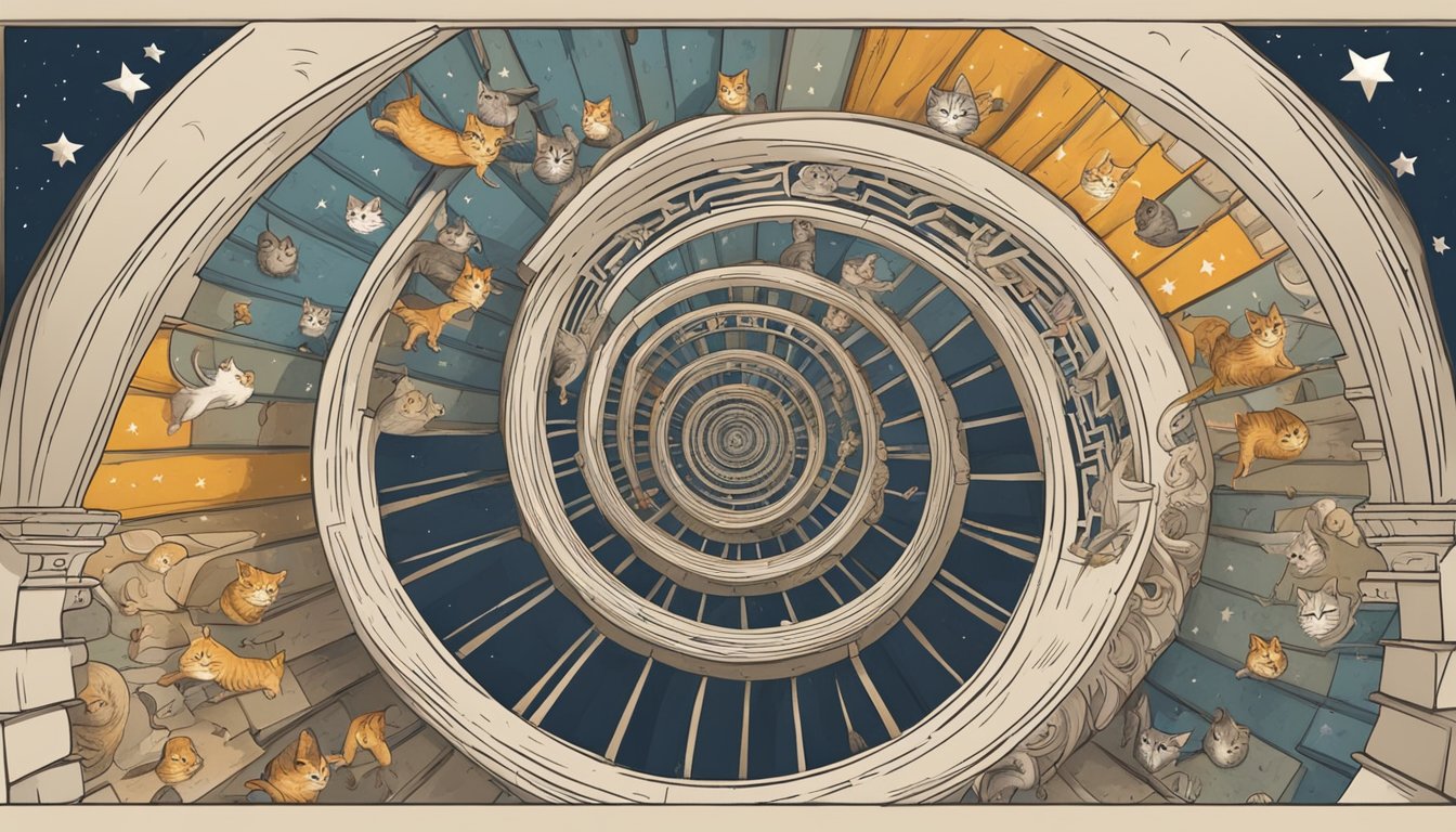 A spiral staircase with nine steps, surrounded by nine-pointed stars and a cat with nine lives, symbolizing the influence of the number 9 in culture
