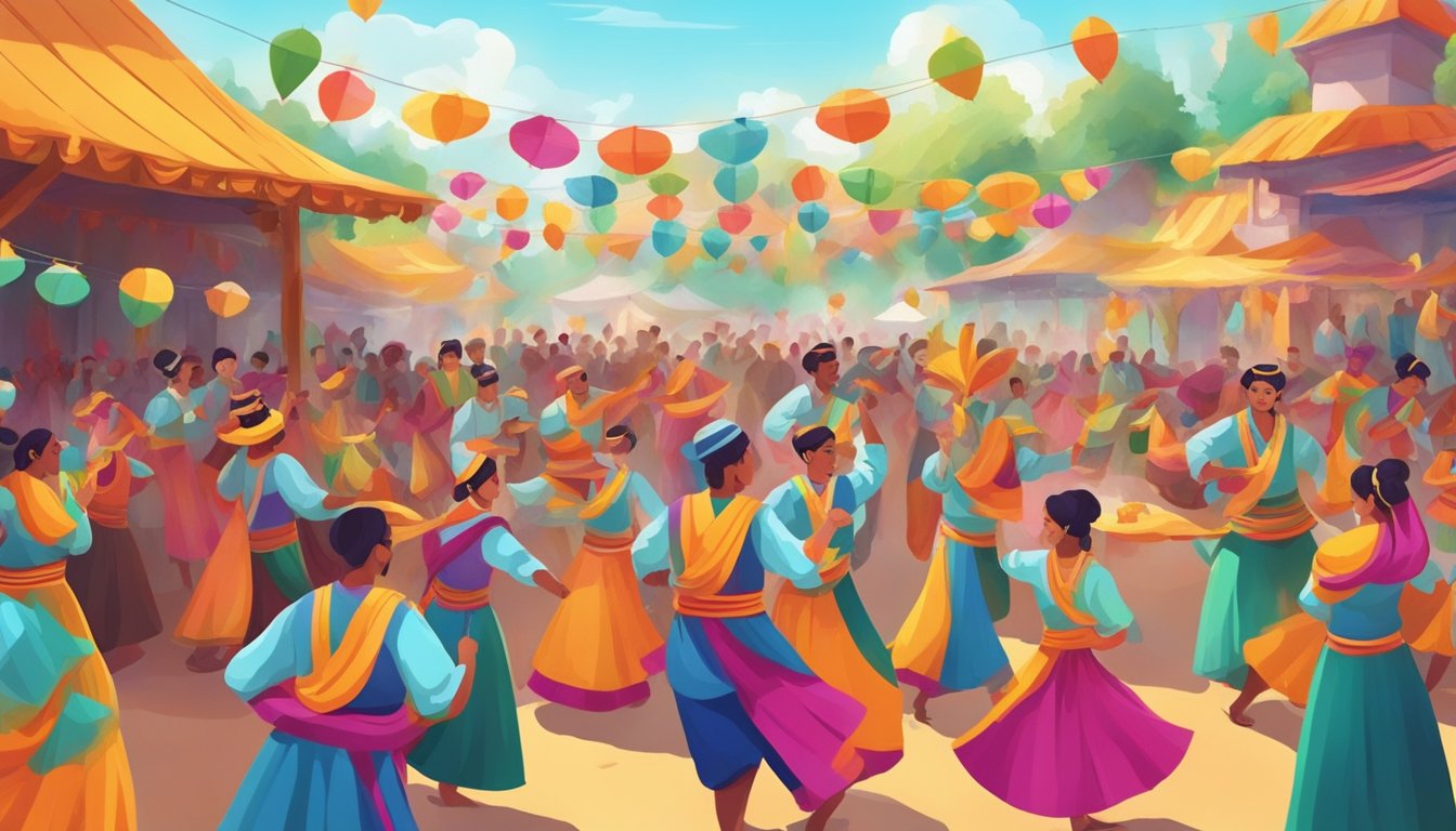 A colorful festival scene with traditional music and dancing.</p><p>Bright costumes and vibrant decorations fill the lively atmosphere