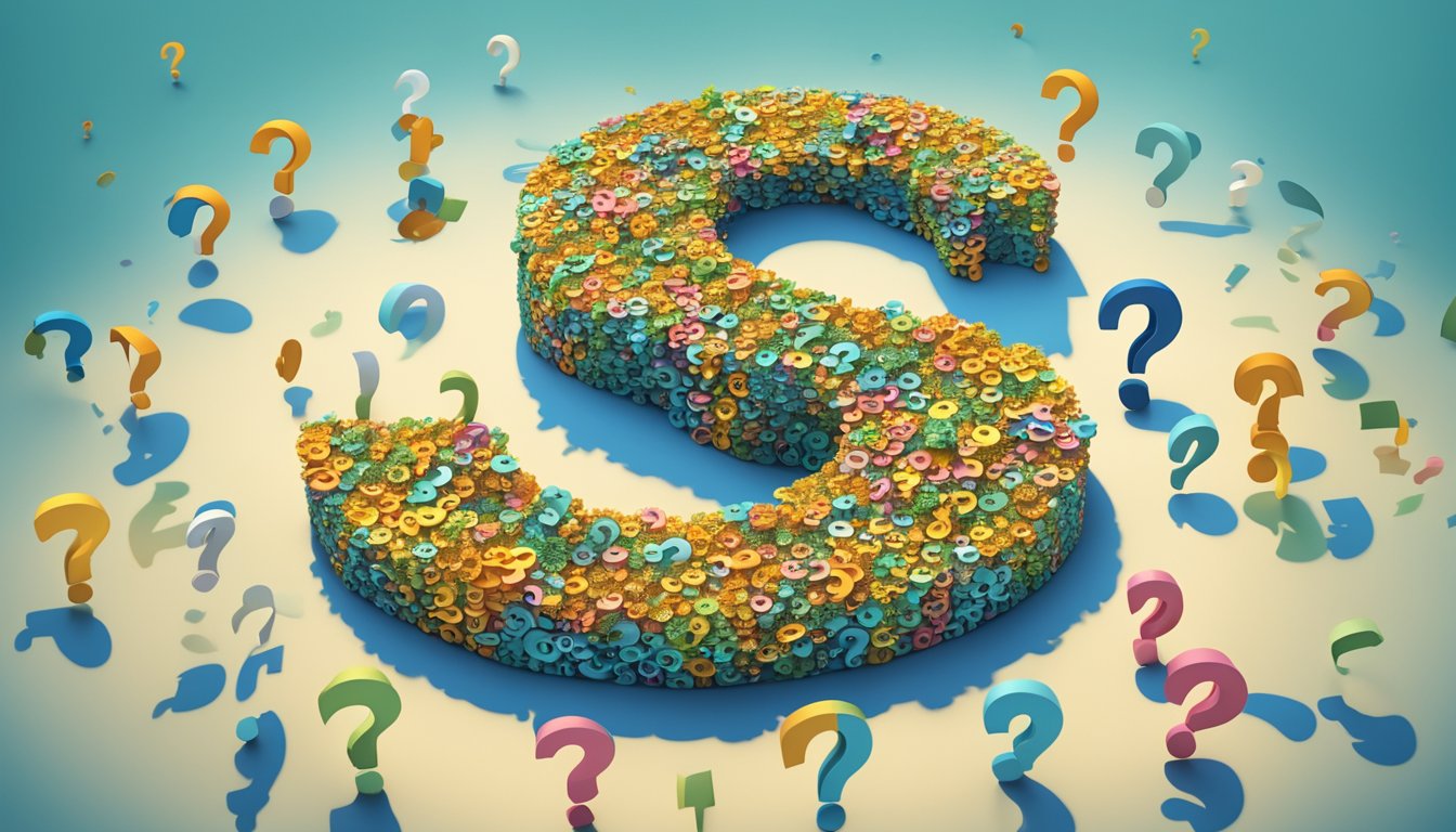 A large question mark surrounded by smaller question marks, all floating in a sea of text