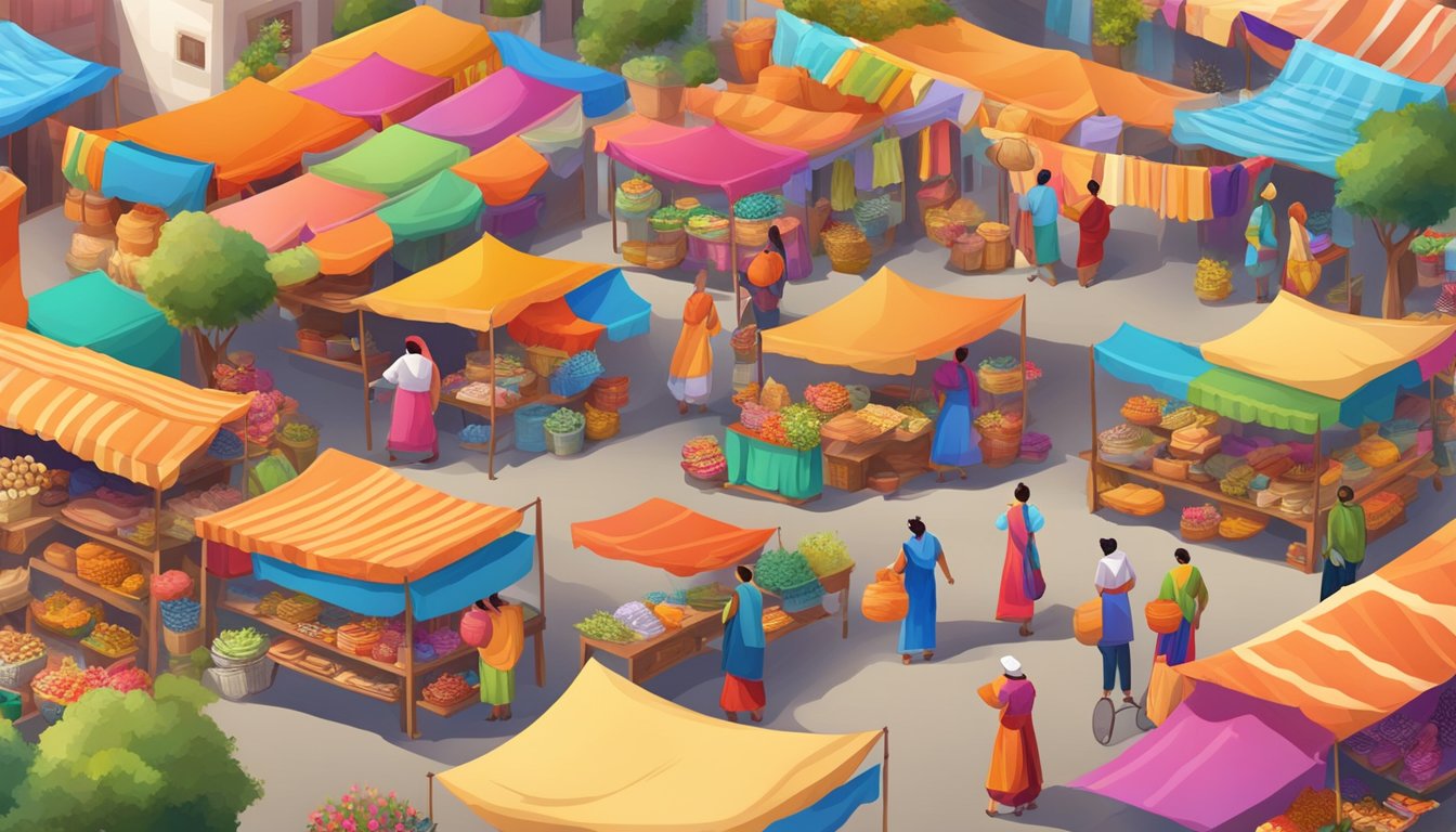 A colorful marketplace with traditional crafts and vibrant textiles