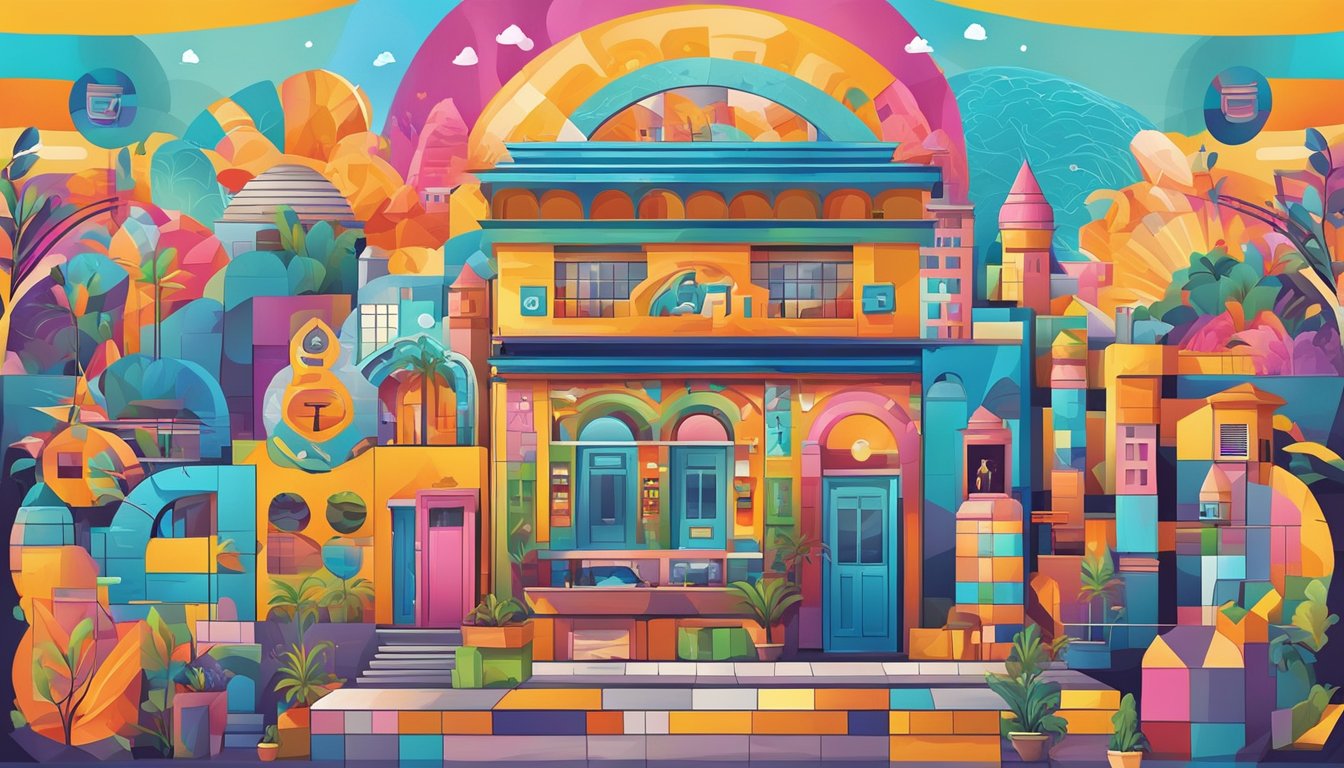 A colorful mural of 454 454 with cultural symbols and references surrounding it.</p><p>Bright and vibrant, with elements of music, art, and history