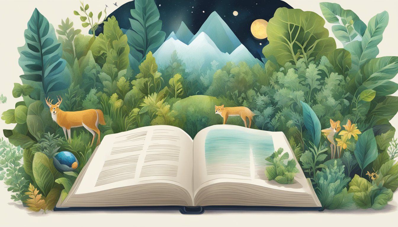 A scientific book open to page 7, surrounded by nature elements like plants, animals, and natural phenomena