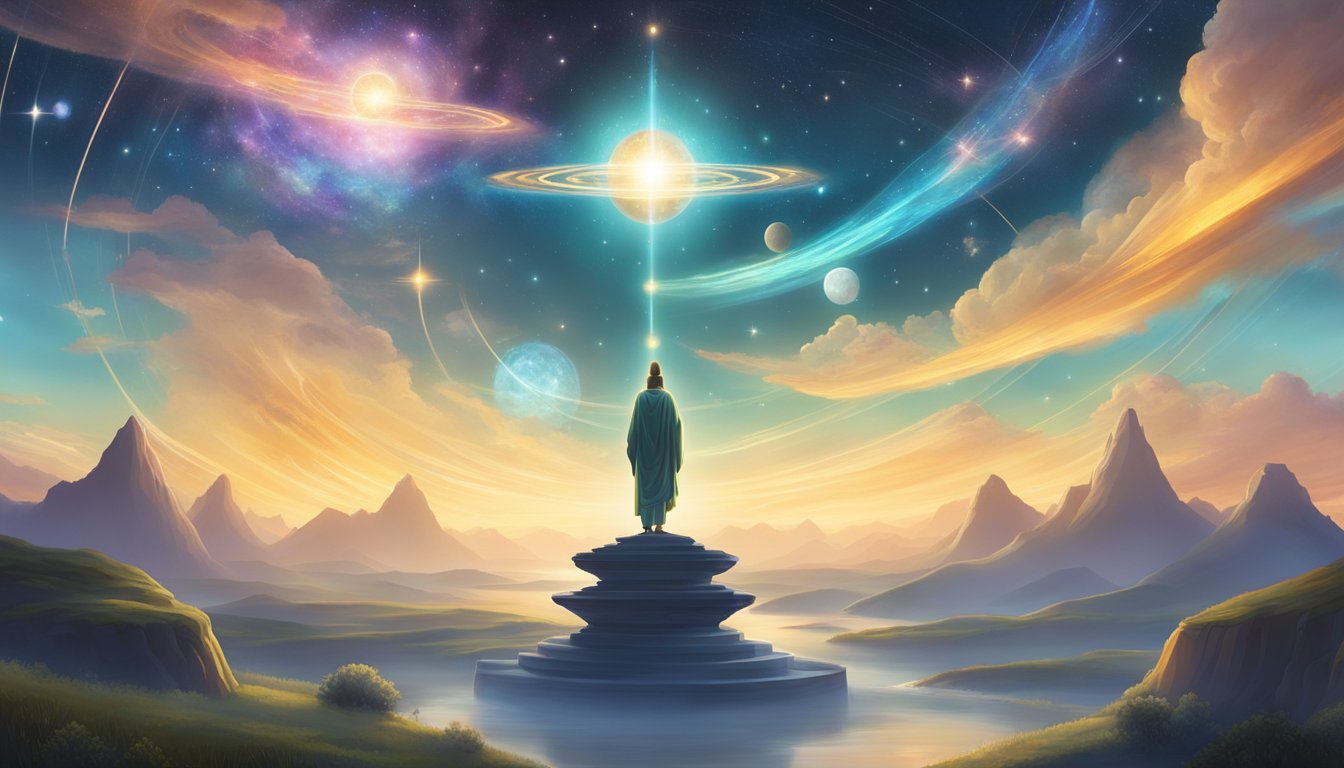 A glowing, celestial figure hovers above a tranquil landscape, surrounded by symbols of spiritual significance
