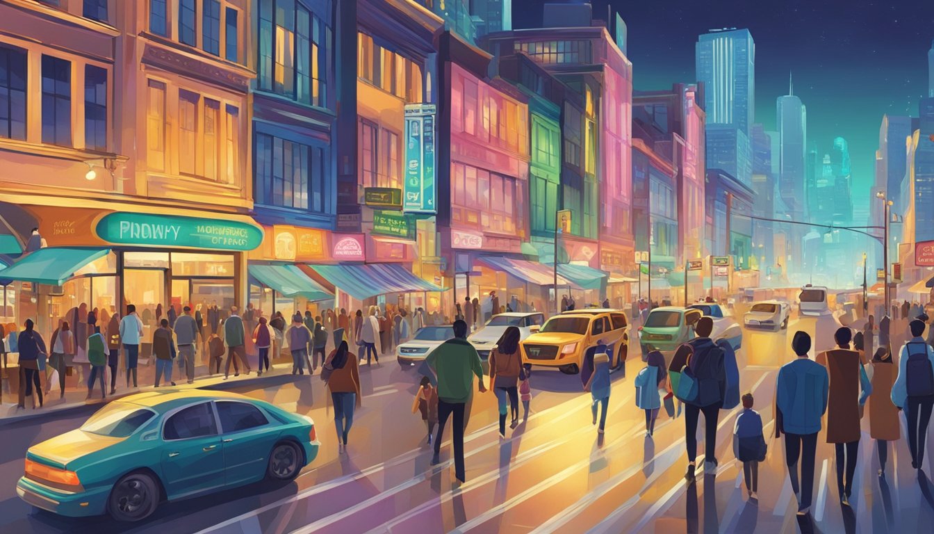 A bustling city street with people walking, cars driving, and buildings towering above.</p><p>Bright lights and colorful signs illuminate the scene, capturing the energy and vibrancy of daily life