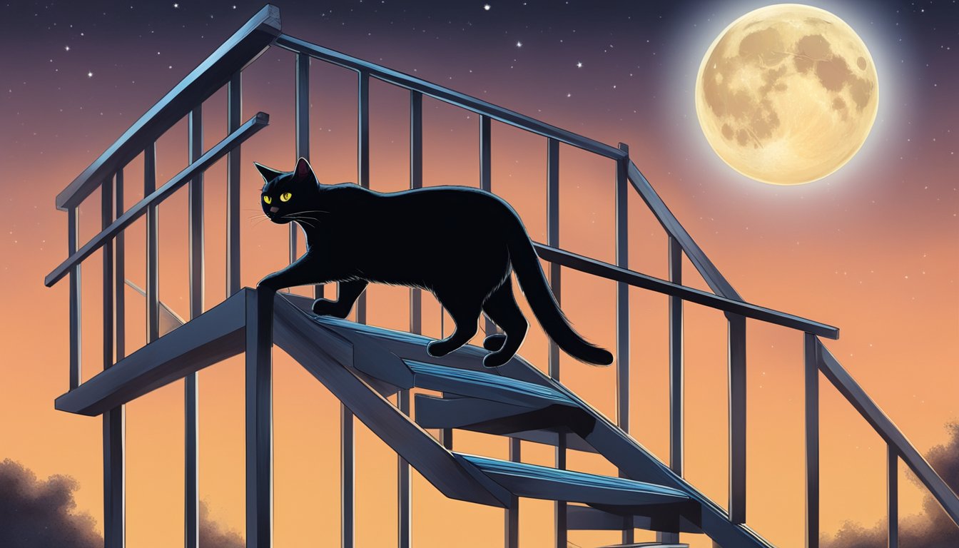 A black cat crosses a path under a ladder with 13 rungs, as a full moon shines overhead