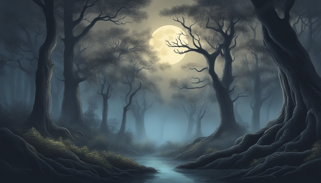 A dark, mystical forest with 13 ancient trees standing tall, surrounded by eerie fog and illuminated by a full moon