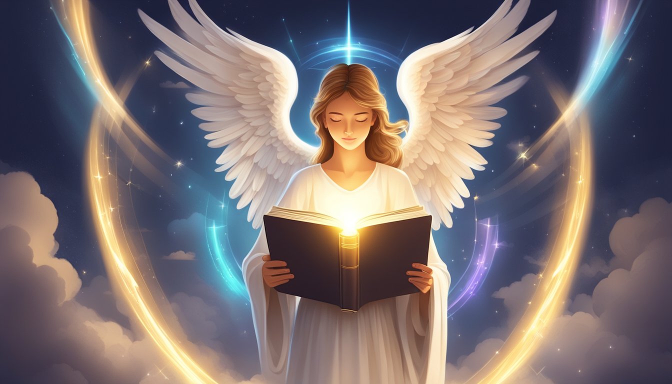 A glowing angelic figure holds a book with the number 422.</p><p>Surrounding the angel are beams of light and symbols of wisdom and guidance