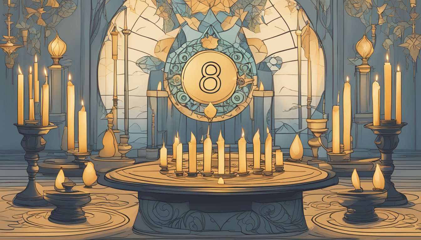 A table with two sets of numbers, 646 and 646, surrounded by mystical symbols and candles