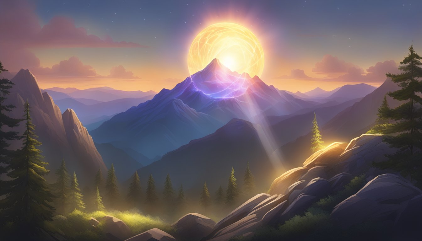 A glowing orb hovers above a mountain peak, emitting beams of light in all directions