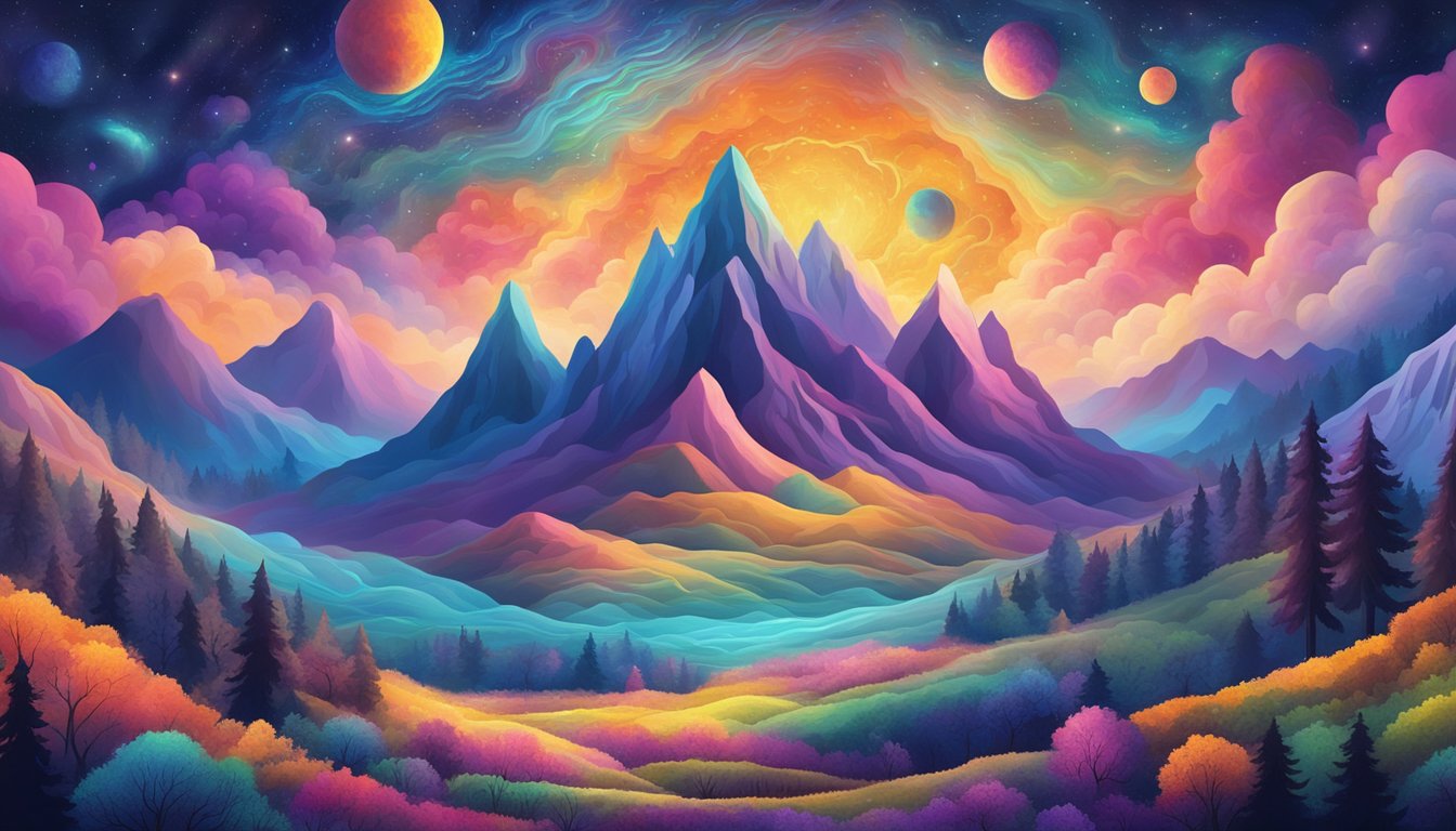 A mystical landscape with repeating numerical patterns, surrounded by cosmic energy and vibrant colors