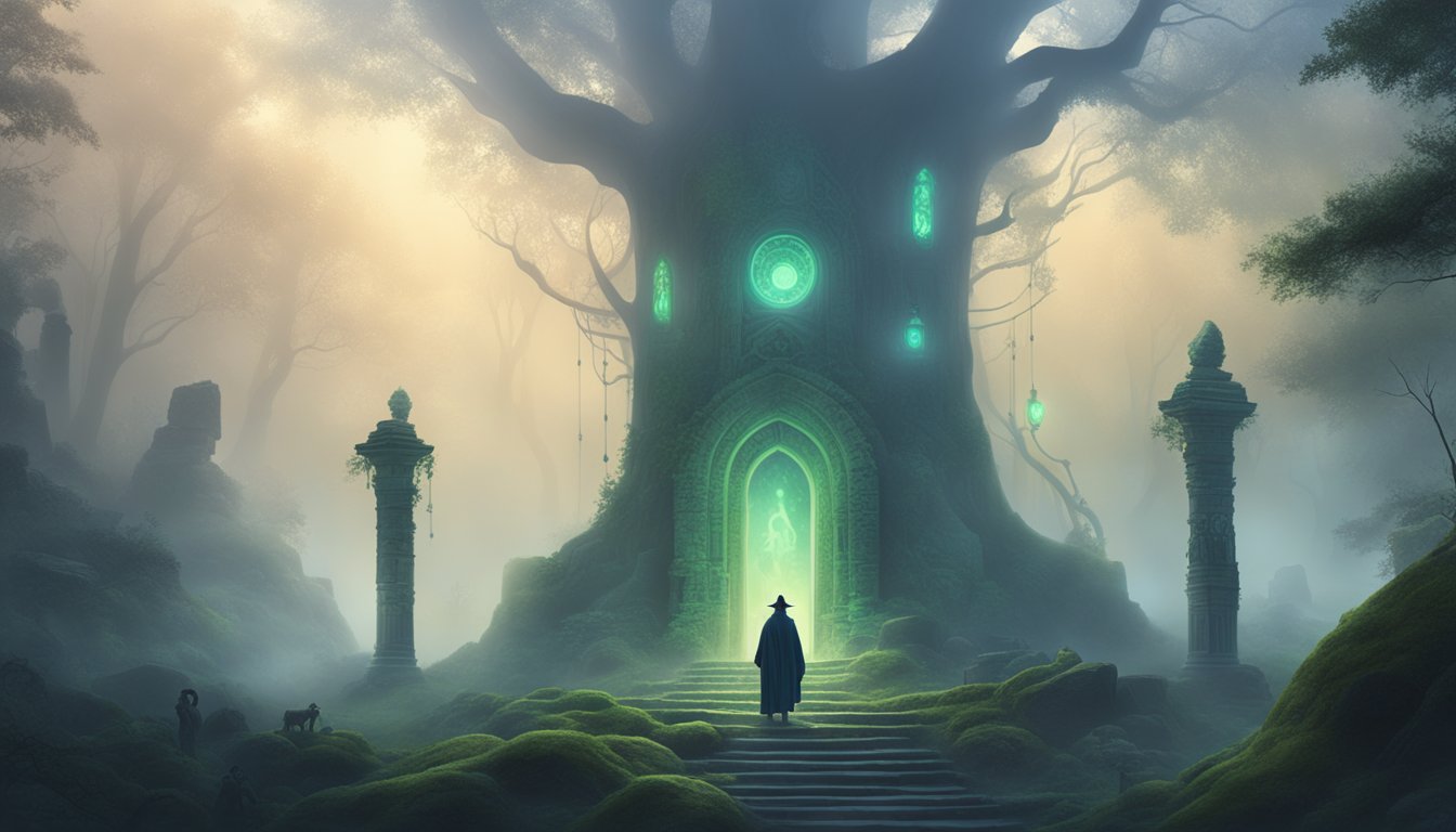 A mysterious figure emerges from a foggy forest, surrounded by ancient ruins and glowing symbols
