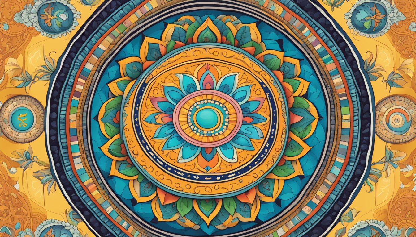 A vibrant mandala with the number 1233 at its center, surrounded by symbols of cultural significance