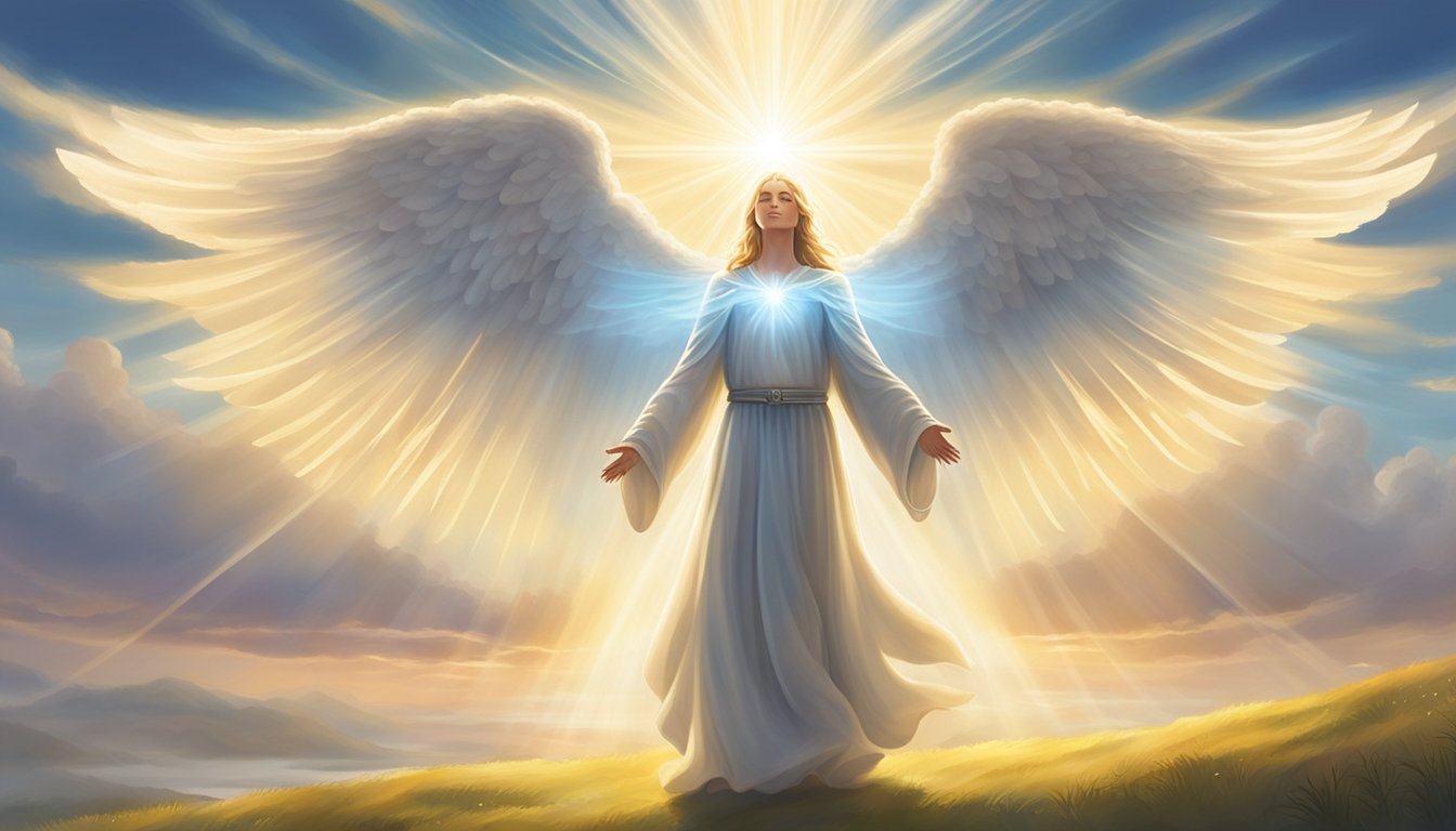 A glowing angelic figure hovers above a serene landscape, radiating spiritual energy.</p><p>Rays of light pierce through the clouds, illuminating the scene with a sense of divine presence