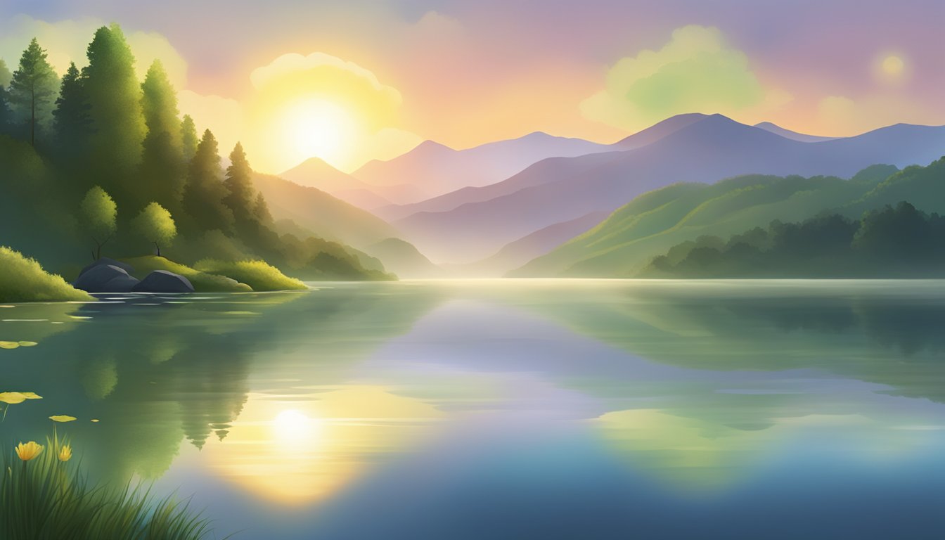 A glowing sun rises over a calm, misty lake, surrounded by lush green mountains.</p><div id=