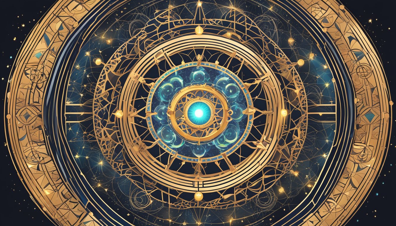 A glowing, celestial wheel with the number 432 at its center, surrounded by intricate geometric patterns and symbols representing cosmic harmony and balance