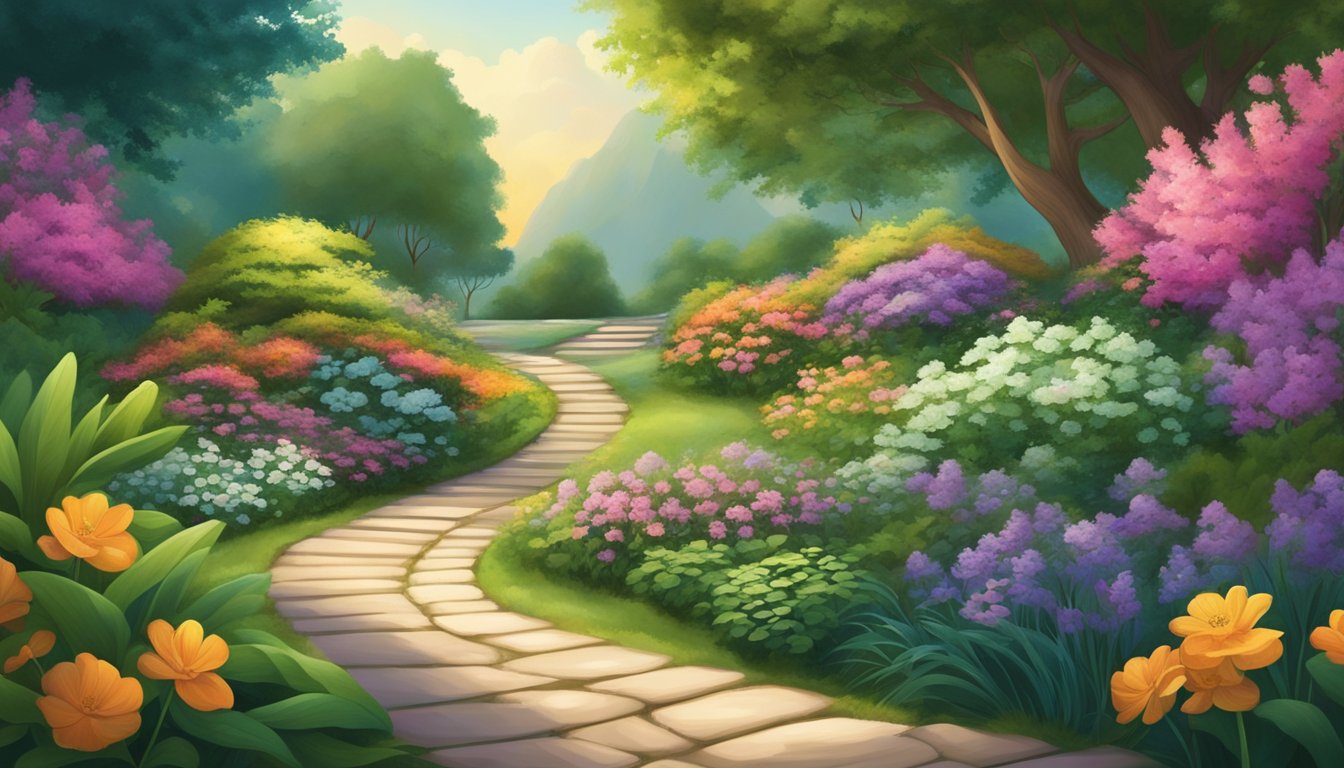 A tranquil garden with a winding path leading to a glowing, mystical doorway.</p><p>Surrounding the path are vibrant flowers and lush greenery