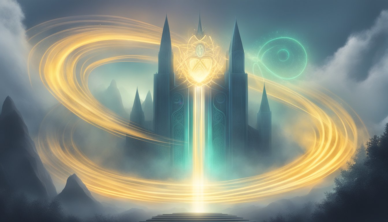 A glowing, ancient-looking symbol emerges from swirling mist, surrounded by a halo of light