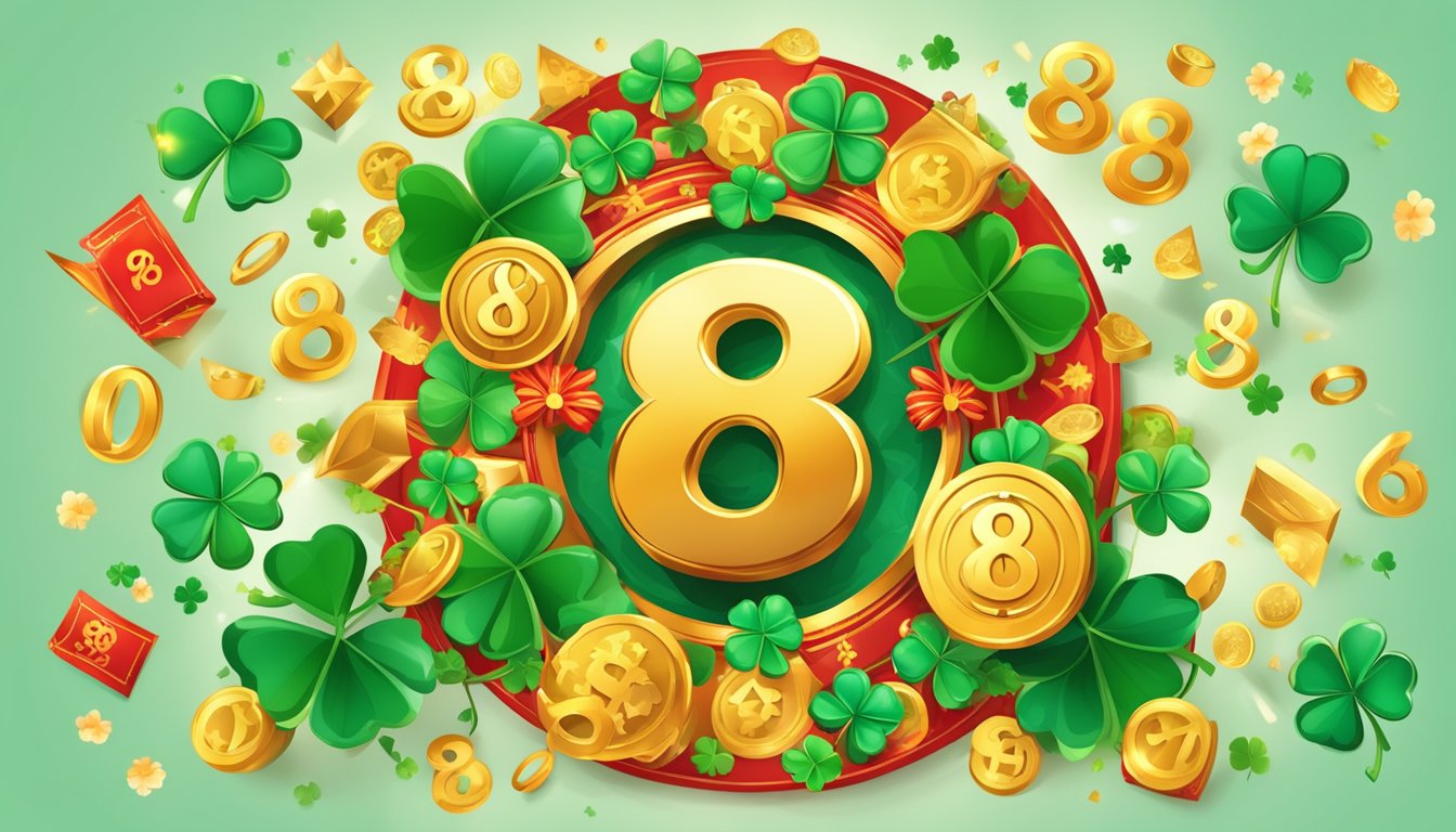 A colorful number 8 surrounded by symbols of good luck and prosperity, such as four-leaf clovers, lucky coins, and red envelopes