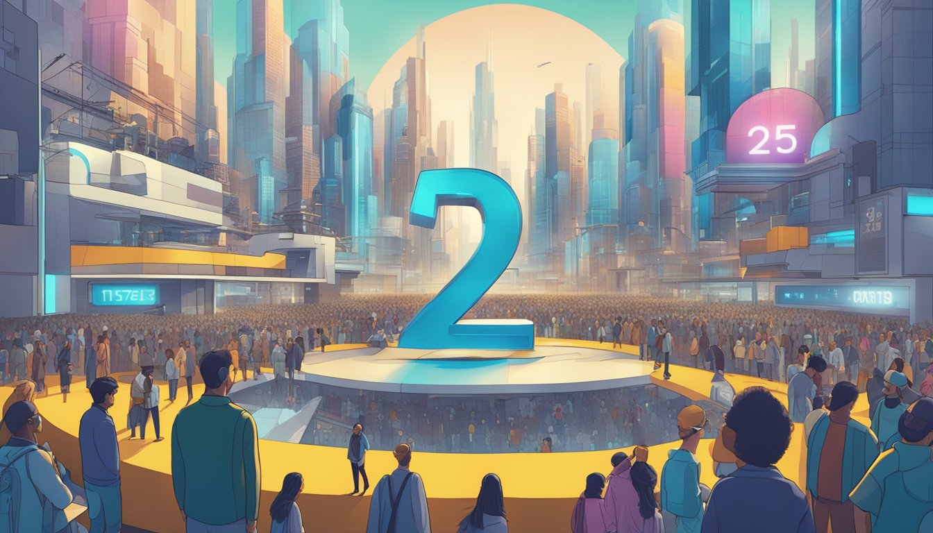 A futuristic cityscape with a prominent "2525" sign and a crowd of people seeking answers