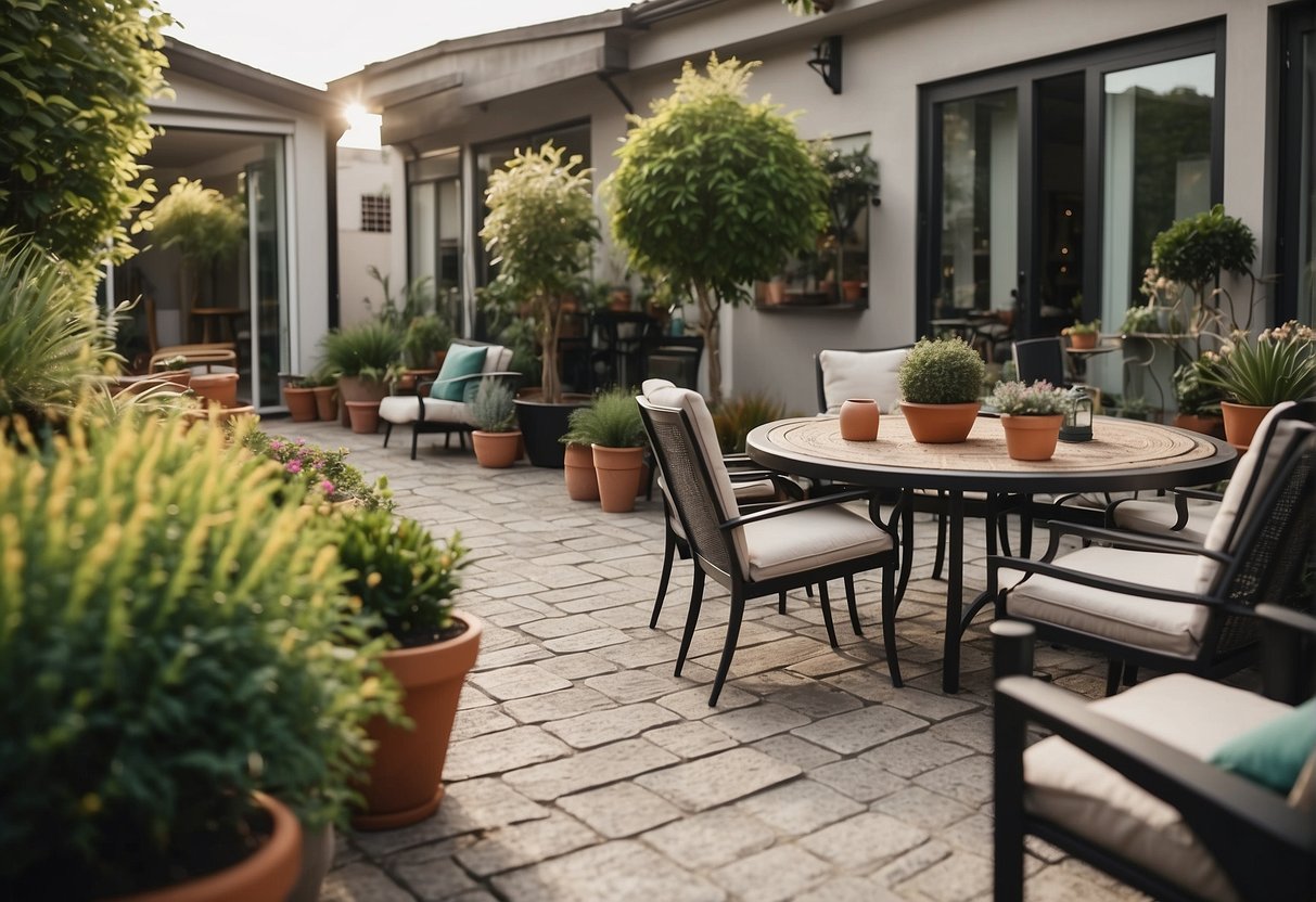 A patio with various paving options laid out in a guidebook, surrounded by potted plants and outdoor furniture