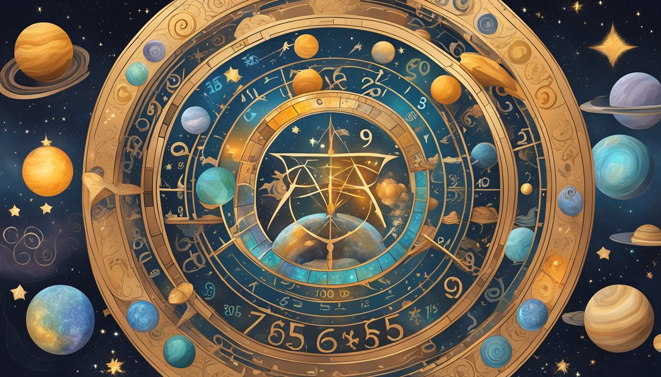 A mystical arrangement of the numbers "959" surrounded by cosmic symbols and celestial imagery