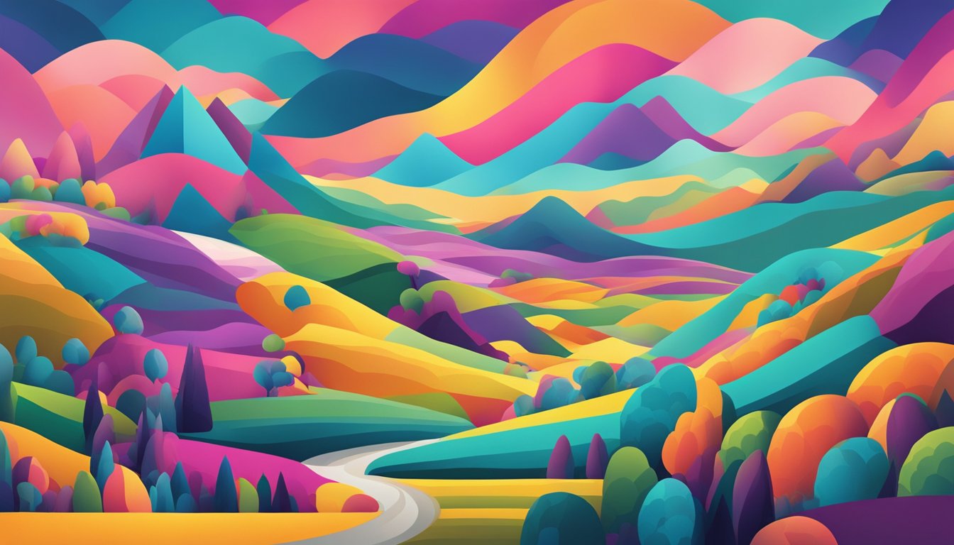 A vibrant, abstract landscape with bold colors and dynamic shapes
