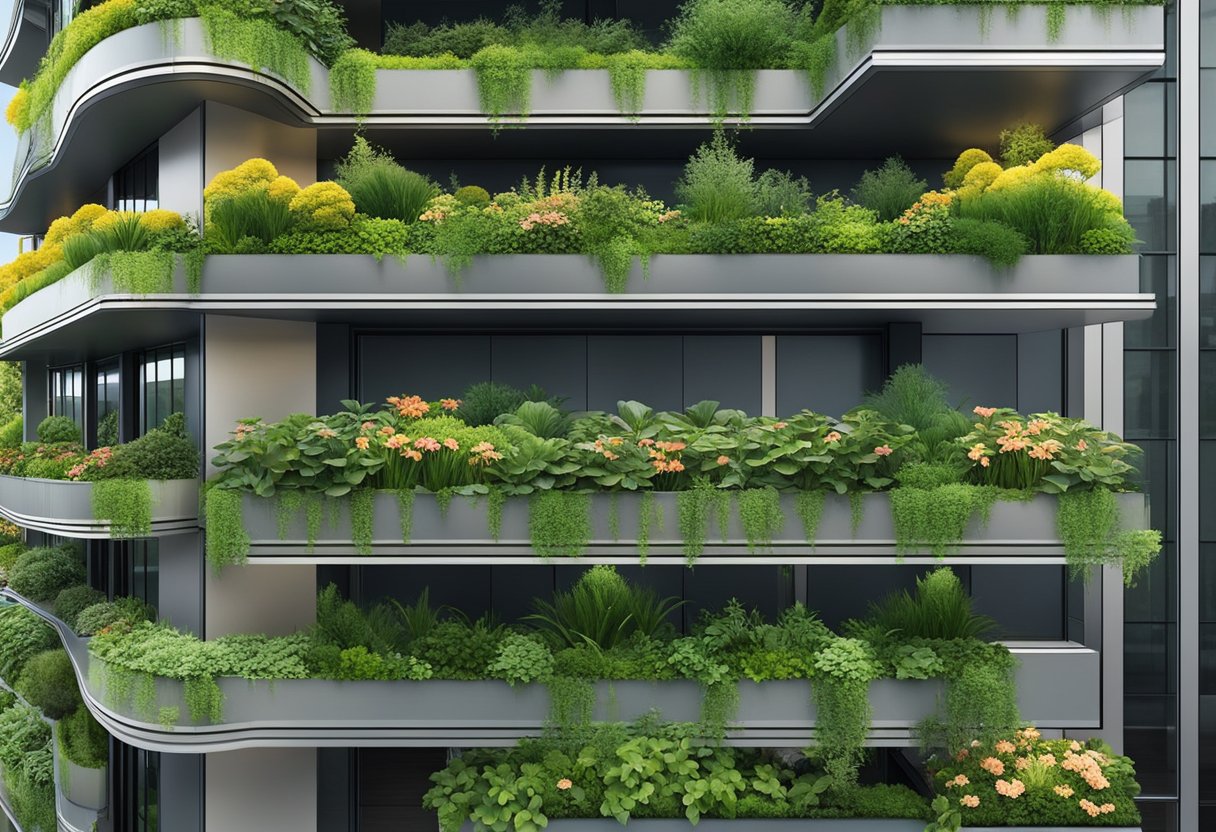 Jardim vertical implementado em espaço urbano, com plantas crescendo em muros e estruturas. A vegetação exuberante contrasta com a arquitetura urbana