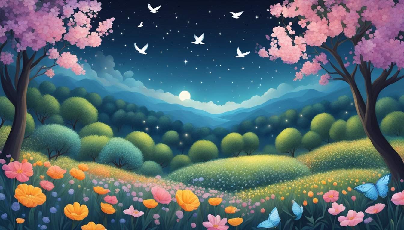 A serene garden with 656 blooming flowers, surrounded by six trees with five birds perched on each, under a starlit sky