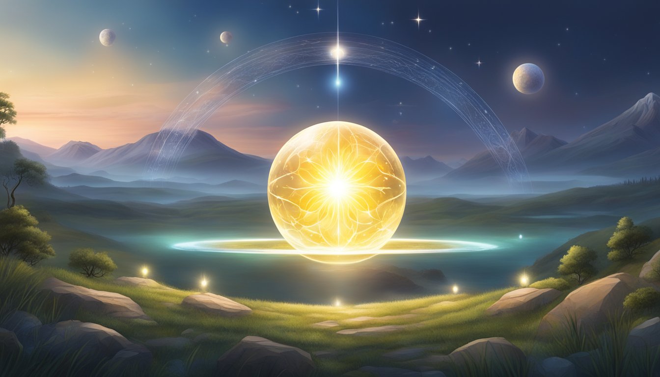 A glowing orb hovers above a serene landscape, surrounded by symbols of spirituality and enlightenment