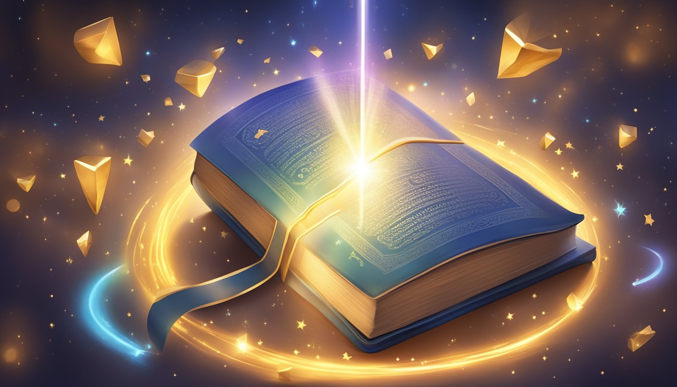 A beam of light shines onto a book with the numbers 1055 on its cover, surrounded by glowing symbols and a sense of spiritual energy