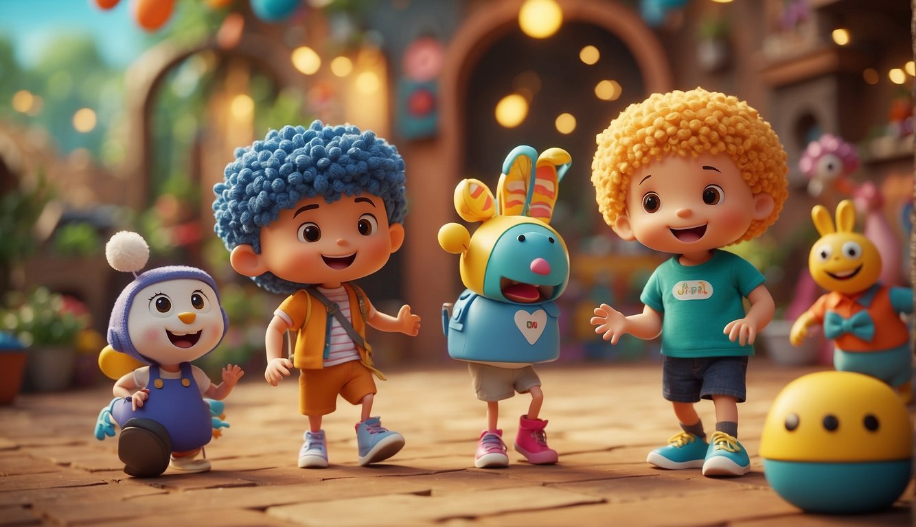 A colorful, playful scene with various Toca Boca Shorts characters engaging in imaginative and interactive activities, surrounded by vibrant and dynamic elements