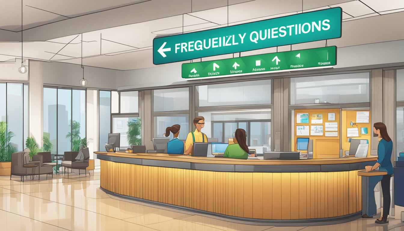 A large "Frequently Asked Questions 1055 Significado" sign hangs above a bustling information desk in a bright, modern lobby