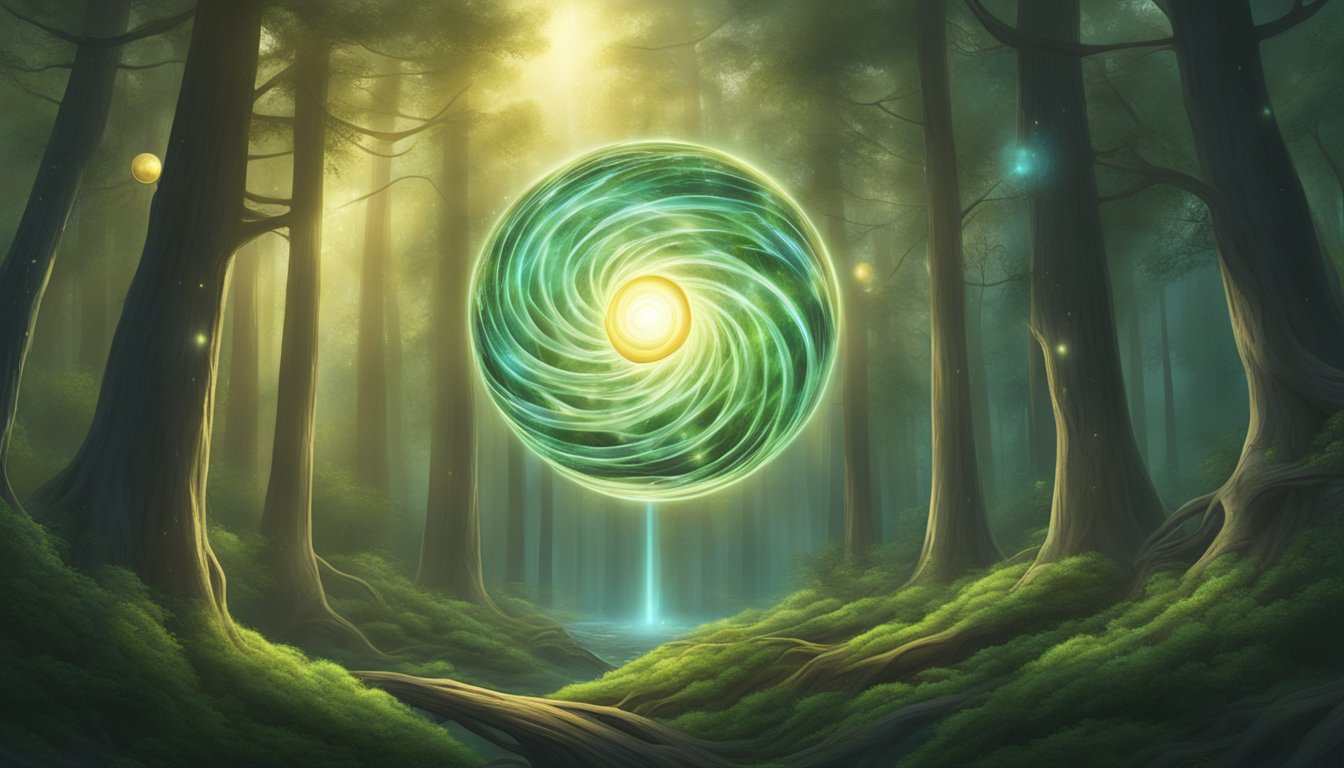 A glowing orb hovers above a forest, emitting pulsating waves of energy, while three intertwining spirals radiate outwards from its center