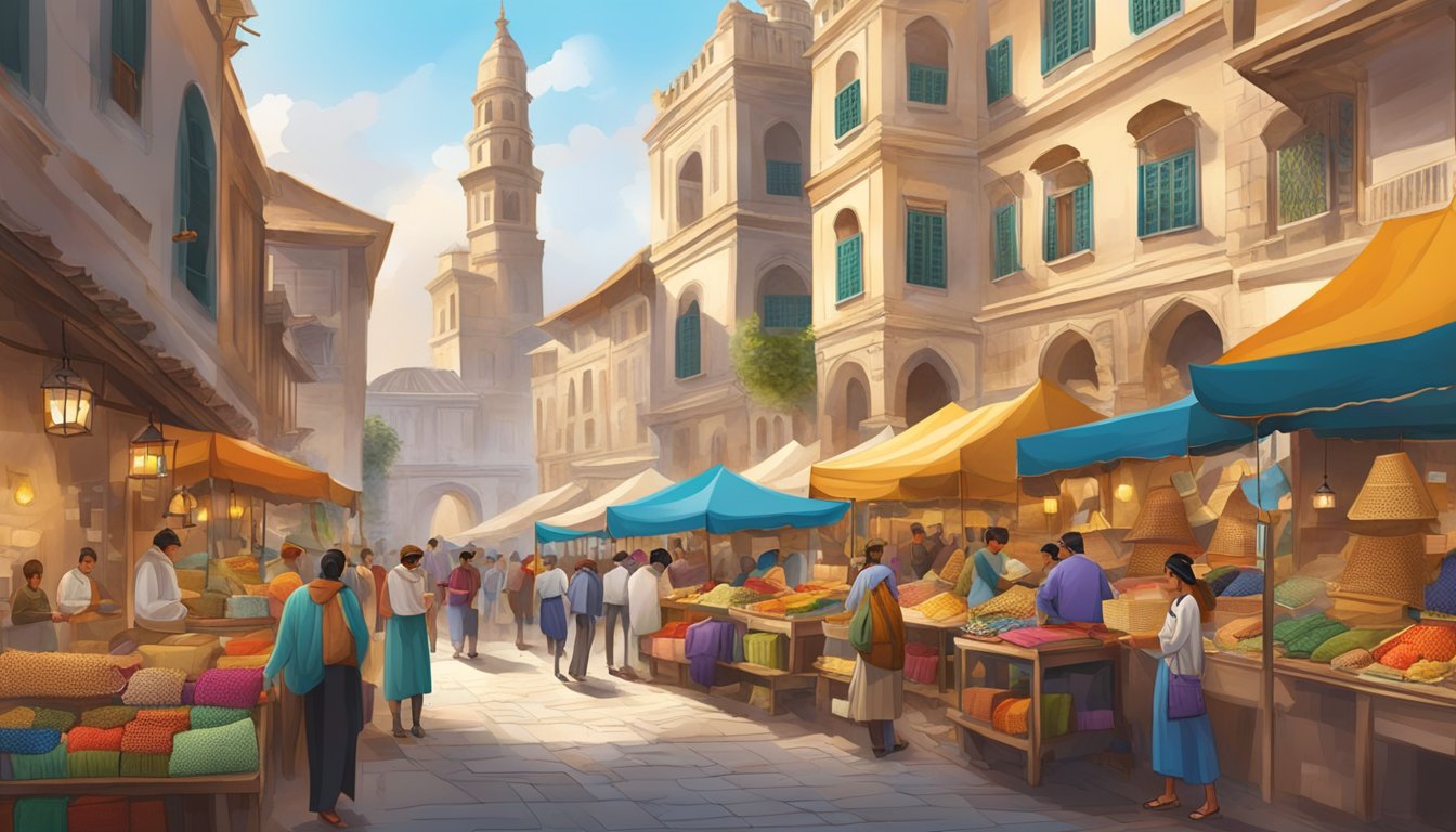 A bustling marketplace with colorful textiles and traditional crafts on display, surrounded by historic architecture and cultural landmarks