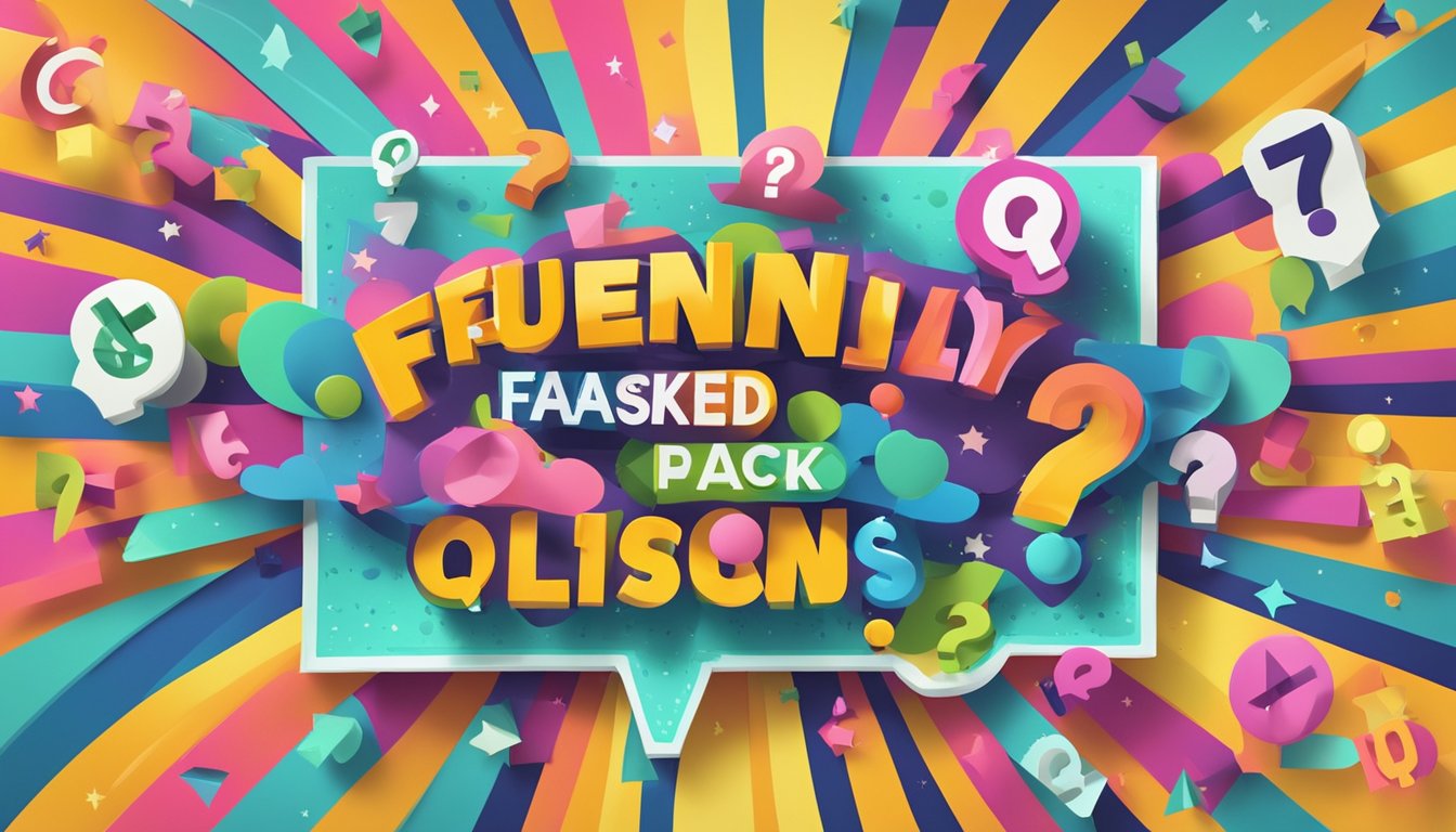 A large sign with "Frequently Asked Questions 17 Significado" in bold letters, surrounded by question marks and symbols, against a colorful background