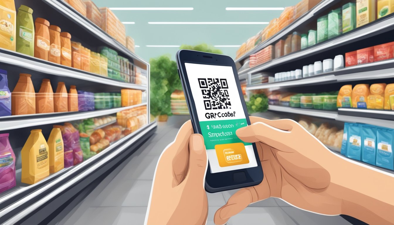 A person using a smartphone to scan a QR code on a product label while shopping in a grocery store