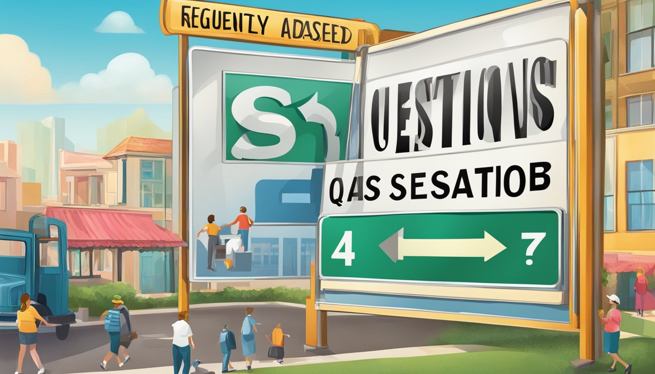 A large sign with "Frequently Asked Questions 4141 Significado" displayed prominently