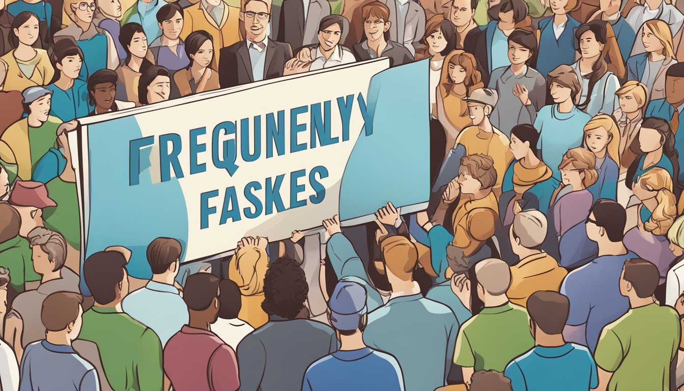 A large "Frequently Asked Questions" sign hanging above a crowd of people seeking information