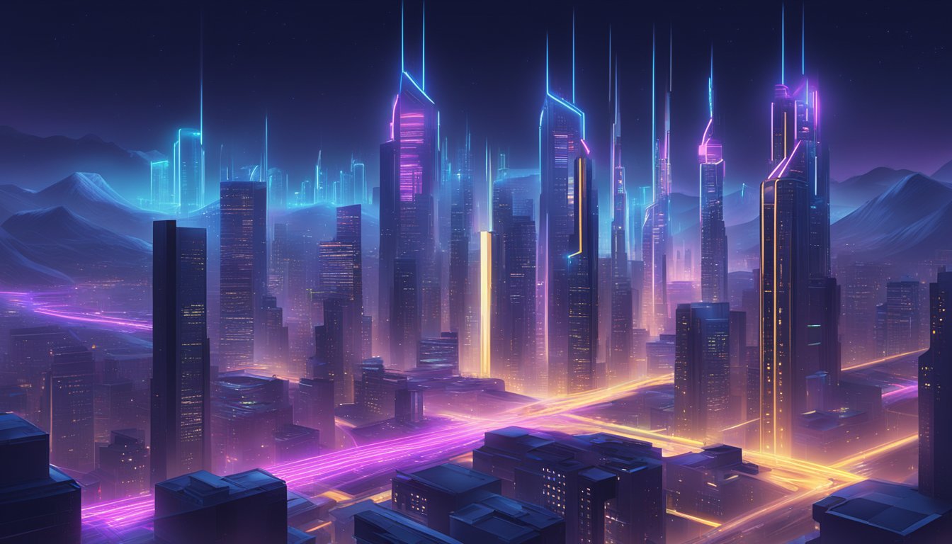 A futuristic cityscape with neon numerals "3030" towering over sleek buildings, evoking a sense of technological advancement and mystique
