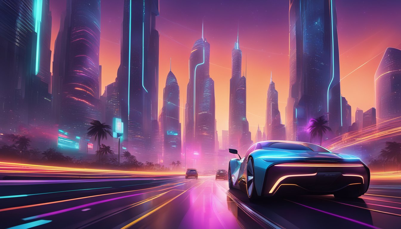 A futuristic cityscape with towering skyscrapers and neon lights, with a sleek and advanced-looking vehicle, the 3030, zooming through the bustling streets