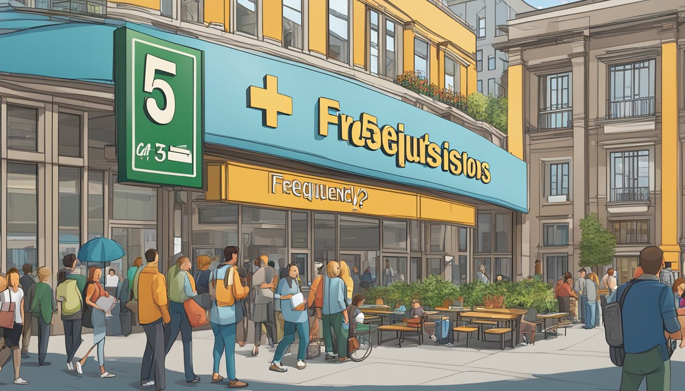 A large "Frequently Asked Questions 545 Significado" sign hangs prominently in a bustling public space