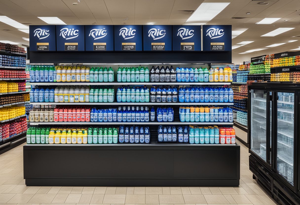 A store display showcases various RTIC coolers with price tags