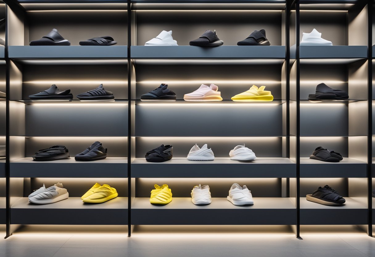 A display of Yeezy Slides on a sleek, modern retail shelf. Bright lighting highlights the stylish footwear, with a subtle logo visible