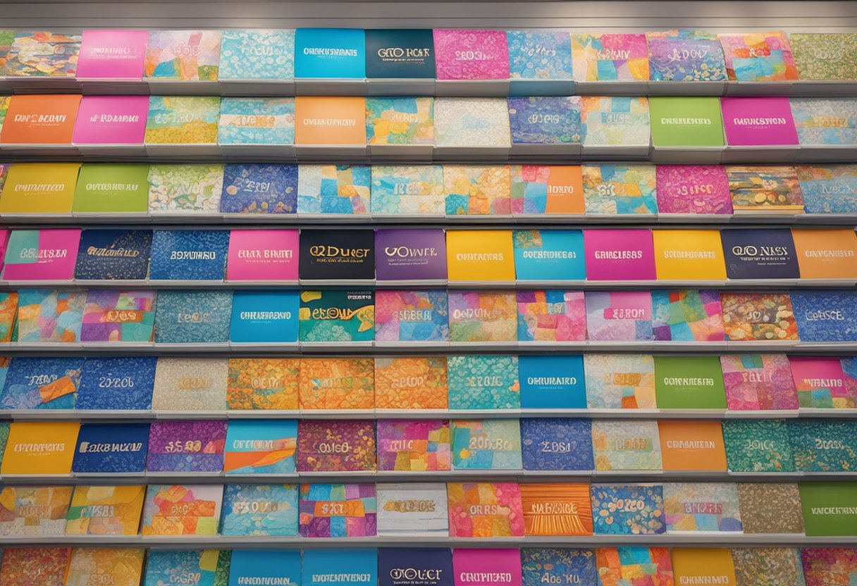 A brightly lit display of 5 Below gift cards arranged in rows, with colorful designs and denominations clearly visible