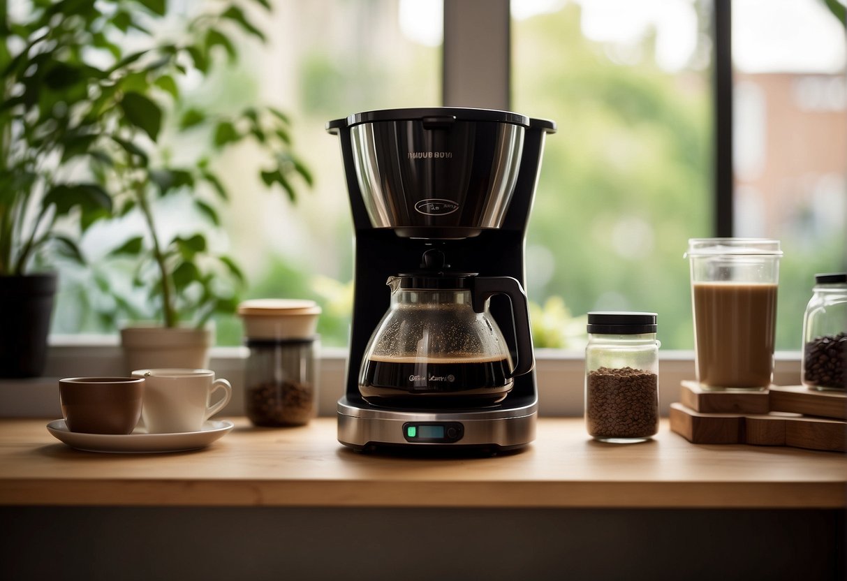 A coffee brewing station with reusable filters, a compost bin, and energy-efficient equipment in a sunlit kitchen