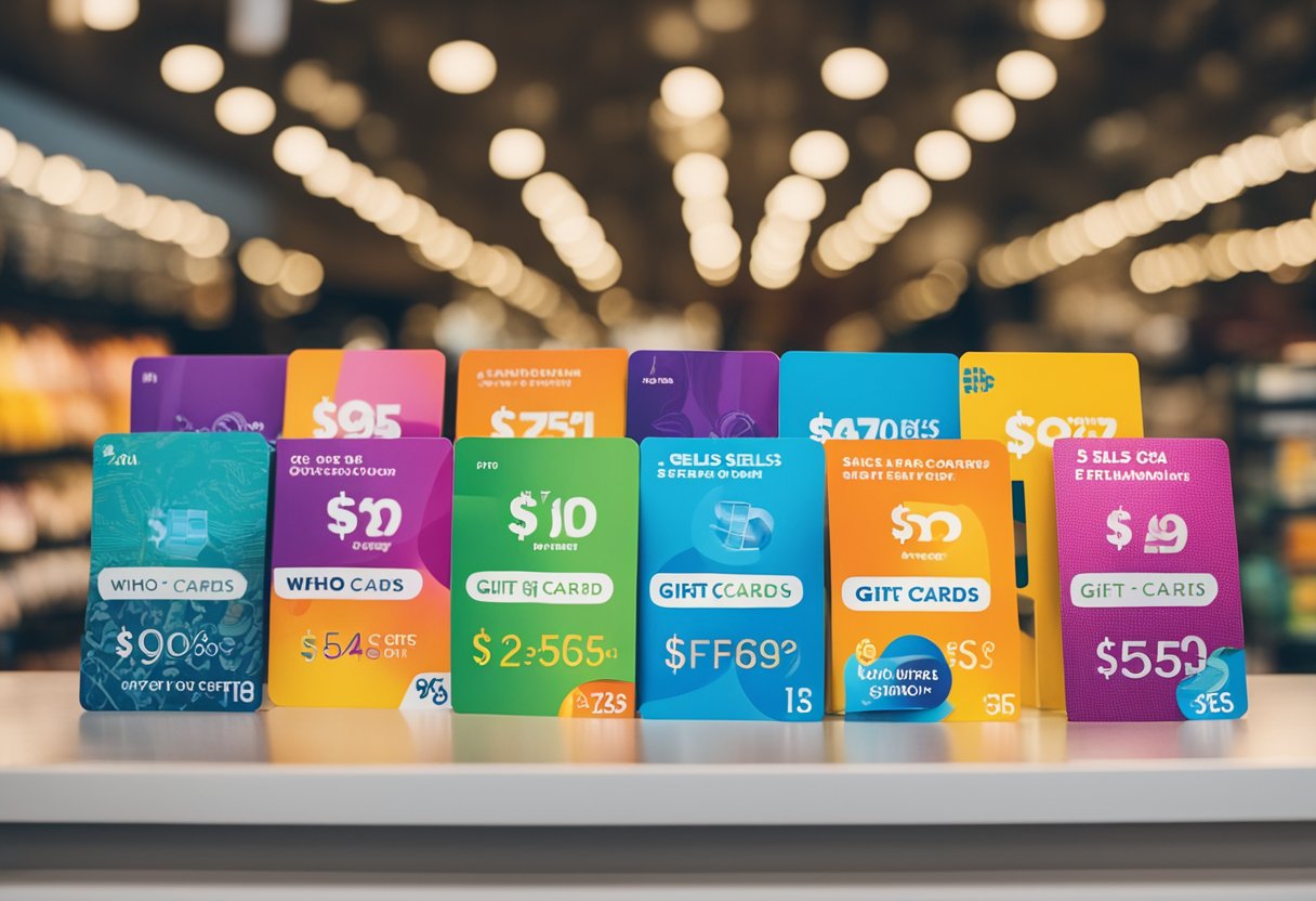 A bright, colorful display of $5 gift cards arranged neatly on a stand, with a large sign above reading "Who Sells $5 Gift Cards?"